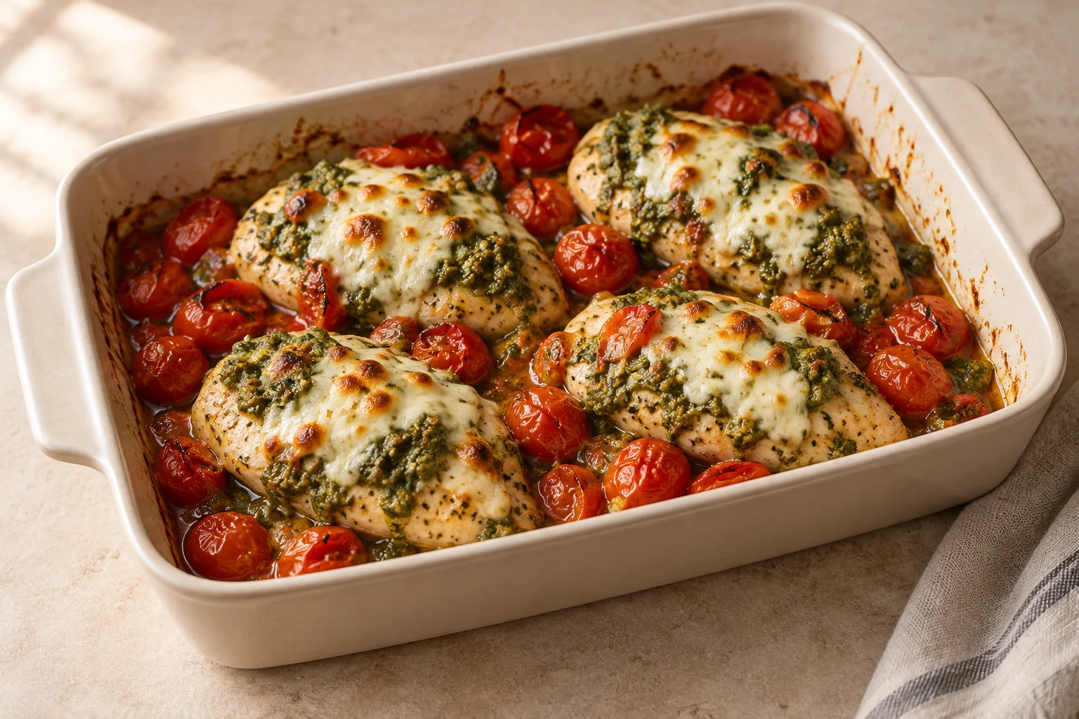 Pestokip met tomaten uit de oven