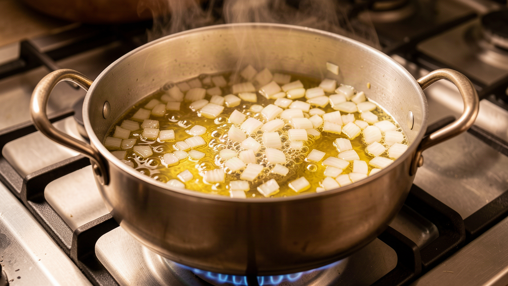 Diced onions sizzling in olive oil in a large pot on a stovetop