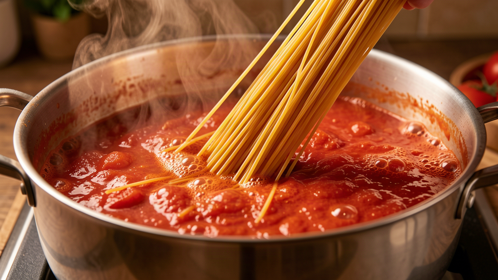 Dried spaghetti being added to a bubbling tomato sauce in a large pot