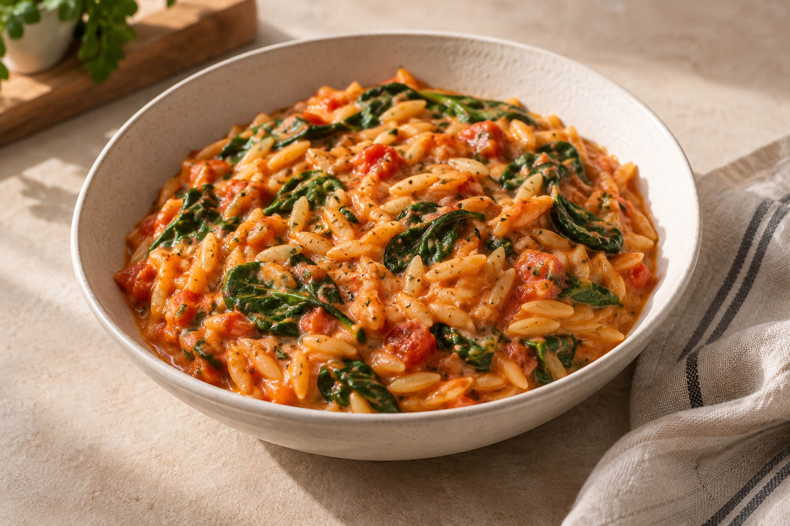 Creamy Tomato Orzo with Spinach