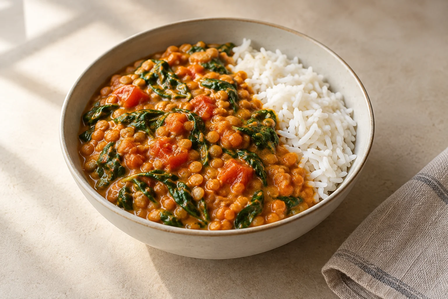 Curry met rode linzen, kokosmelk en spinazie
