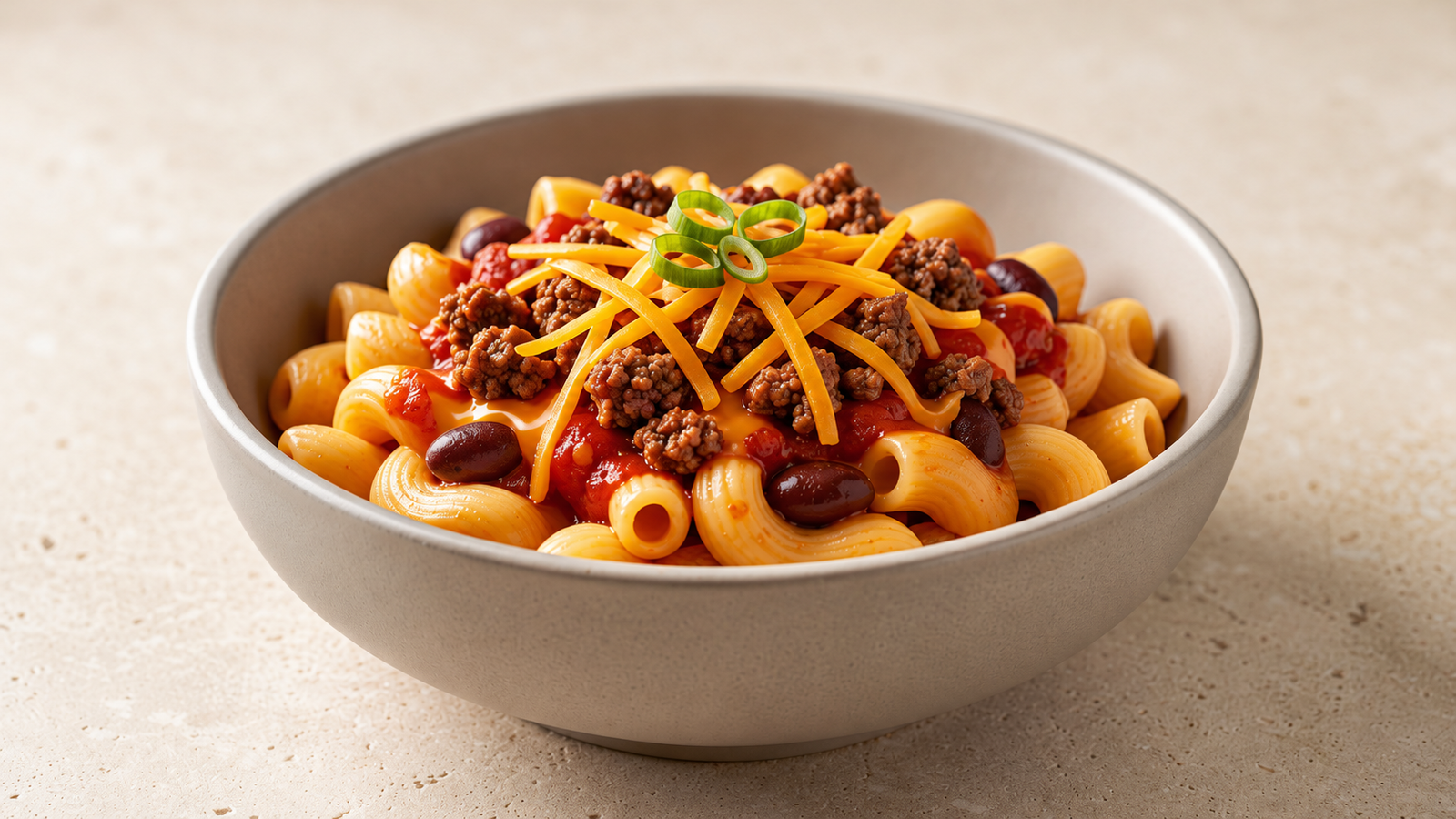 Macarrones con chili y queso en una olla